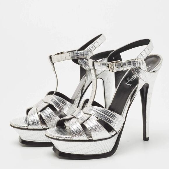 Saint Laurent Tribute Silver Embossed Leather Platform High Heel Sandals 39.5 - Picture 1 of 13